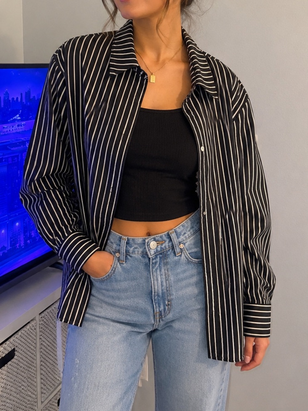 New SHEIN Black and White Vertical Stripe Button-Down Shirt